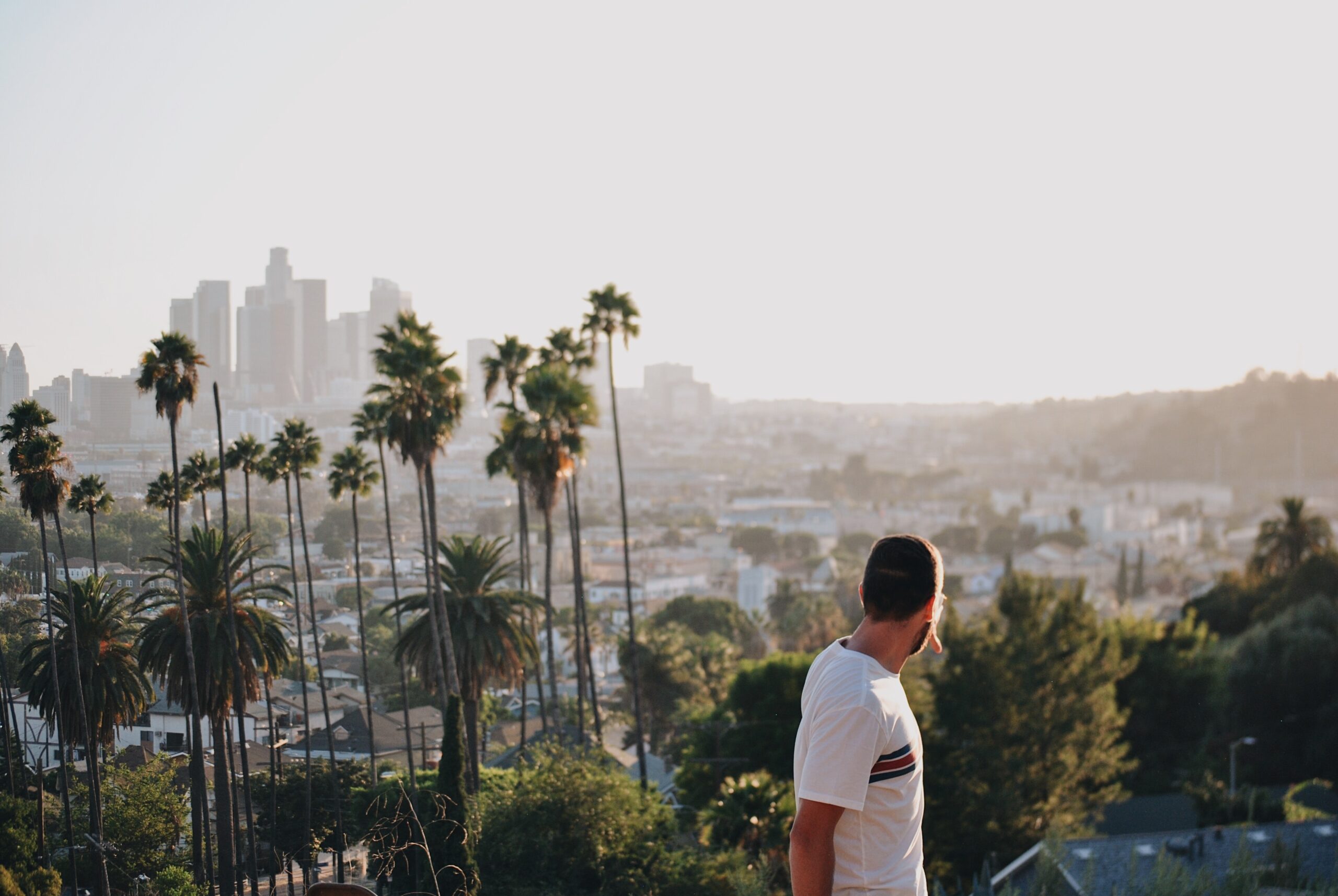 man looking over Los Angeles skyline