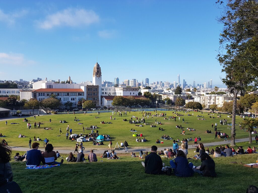 People sitting in grass field in SF, CA