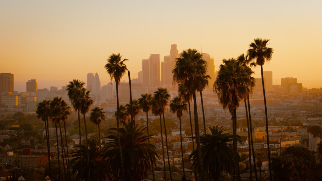 Los Angeles skyline with palm trees