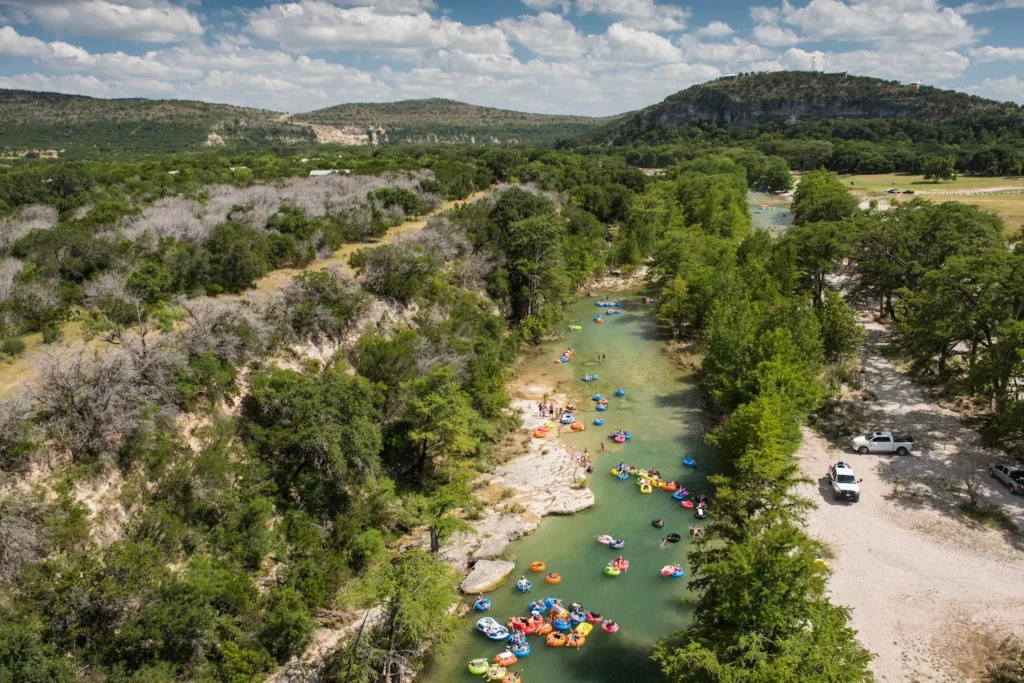 Aerial view of the Frio River in Concan, Texas