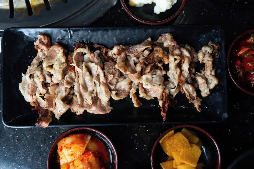Plate of grilled Korean BBQ meat at a Korean Restaurant in Reseda