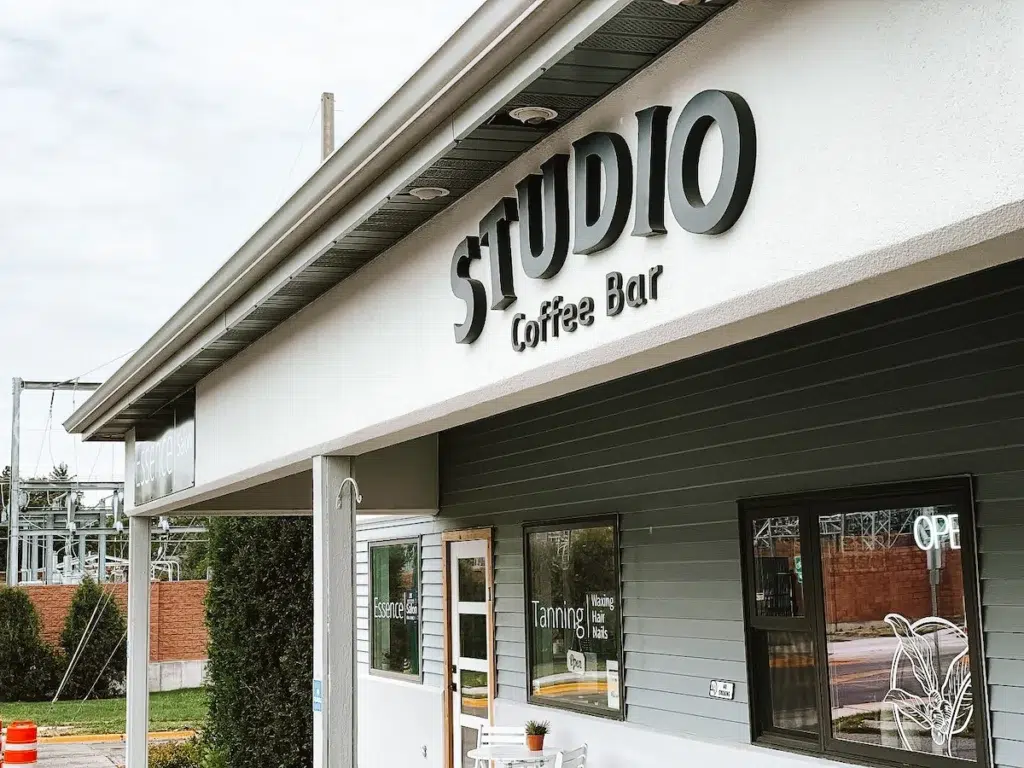 front entrance sign for Studio Coffee Bar in Bozeman Montana