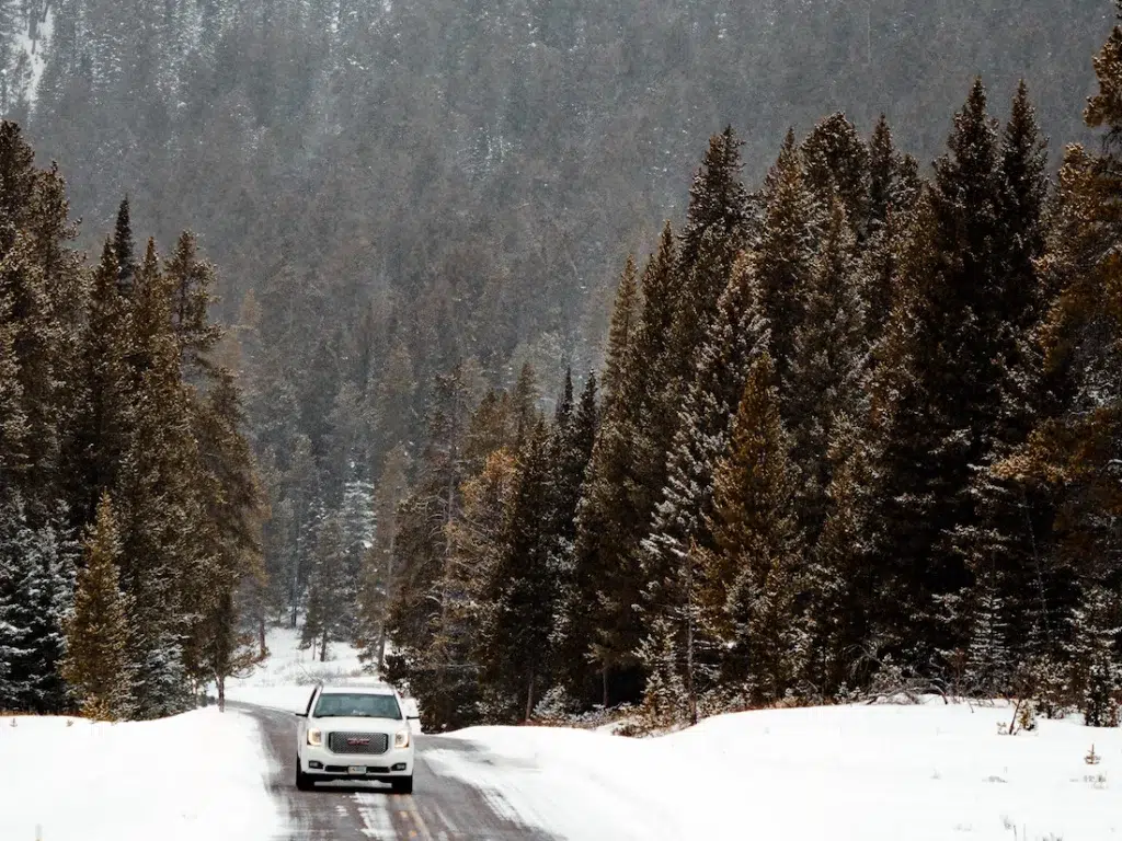 White SUV driving through Yellowstone Park in the winter